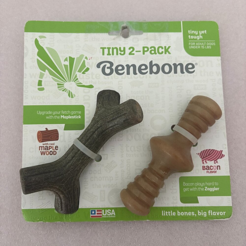 Benebone TINY 2-PACK Dog Chew Toys Maple Wood & Bacon Nylon For Dog Under 15 lbs